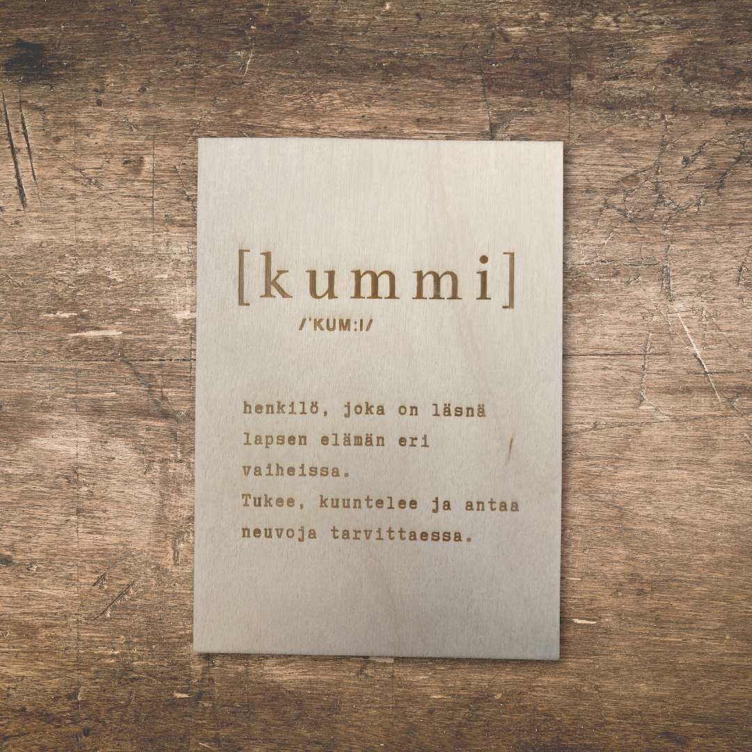 Puinen kummikortti, jolla pyydät ystävää lapsesi kummiksi.