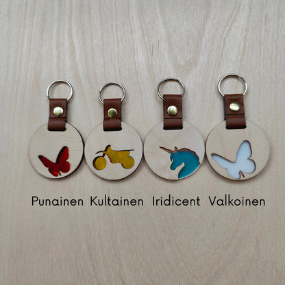 Lapselle oma reppumerkki tai nimikoitu avaimenperä eri väreissä.