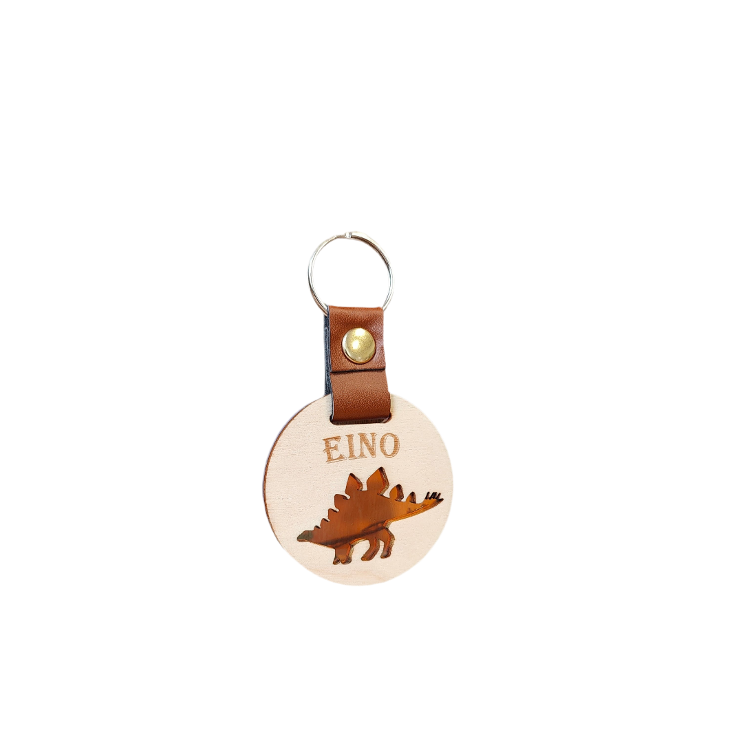 Dinosaurus avaimenperä, dino-reppumerkki, stegosaurus koulureppuun lapsen omalla nimellä.